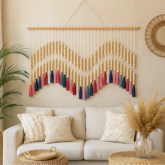 NEW Anthropologie XLColorful Tapestry Beaded Tassel Macrame Wall Hanging 70x35